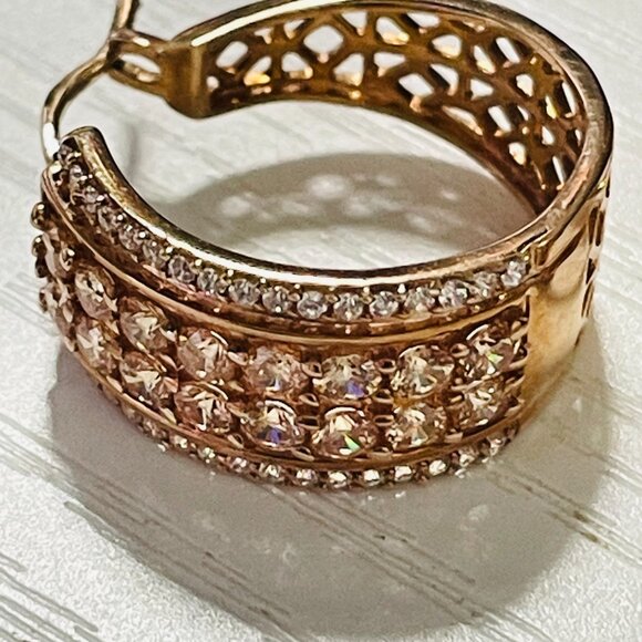 Sparkling Rose Gold Tone Wide Hoop Earrings with Crystal Pave Detailing - Picture 6 of 8